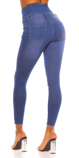 Sexy skinny hoge taille jeans gebruikte used look met scheuren jeansblauw